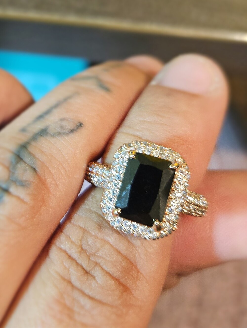 18k Gold Filld Black Onyx Emerald Cut Double Halo Ring